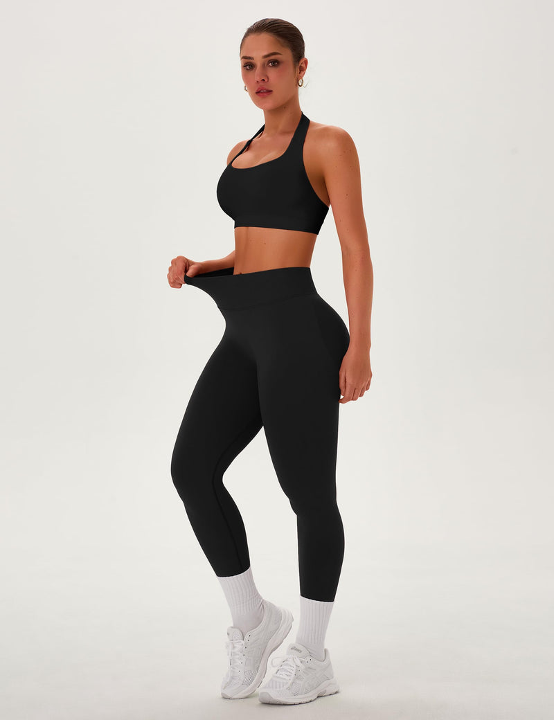 TDIFFUN Women Workout Sets 2 Piece Seamless Scrunch Butt Leggings Padded Halter Sports Bra Matching Set Gym Yoga Outfits Black Medium