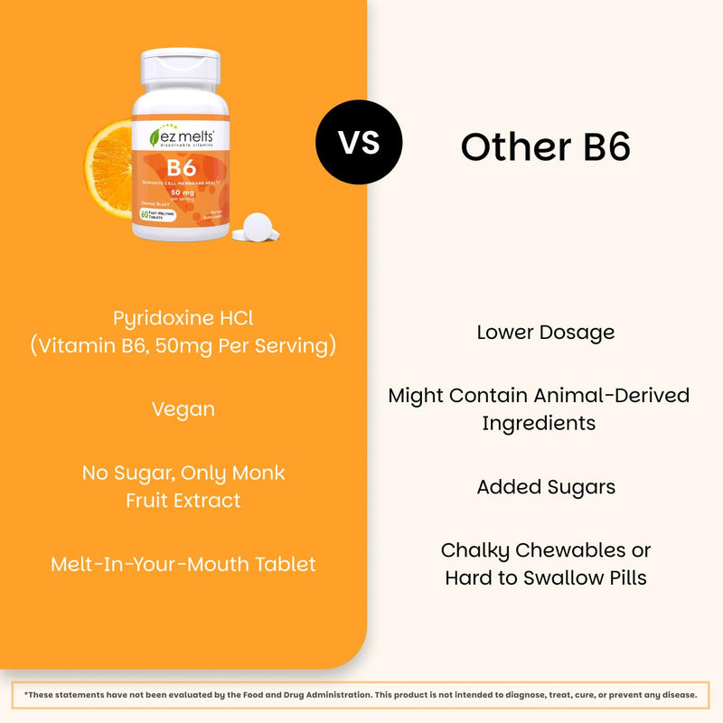 EZ Melts Vitamin B6 - Brain & Heart Health Supplement - Energy Metabolism Support - No Artificial Flavors - Non-GMO & Vegan - Orange Blast - 60 Dissolvable Tablets (30 Servings) 60 Count (Pack of 1)
