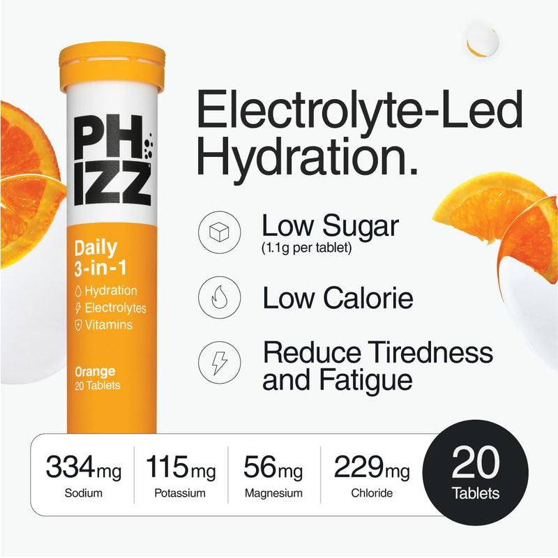 Phizz Electrolyte Multivitamin Rehydration Tablets - 19 Vitamins & Minerals, Energy Boost (Orange, 20 Tablets) Orange 1 Count (Pack of 20)