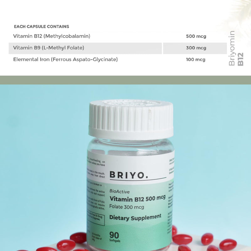 Briyo Vitamin B12 500 mcg (methylcobalamin) with Folate (methylfolate) 90 mini softgels
