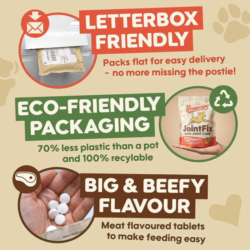 Bouncer's Joint Supplements for Dogs - High Strength Glucosamine, Chondroitin & Hyaluronic Acid | Affordable Mobility Support for Senior Dogs | 100% Recyclable | Letterbox Friendly 240 Tablet Pack