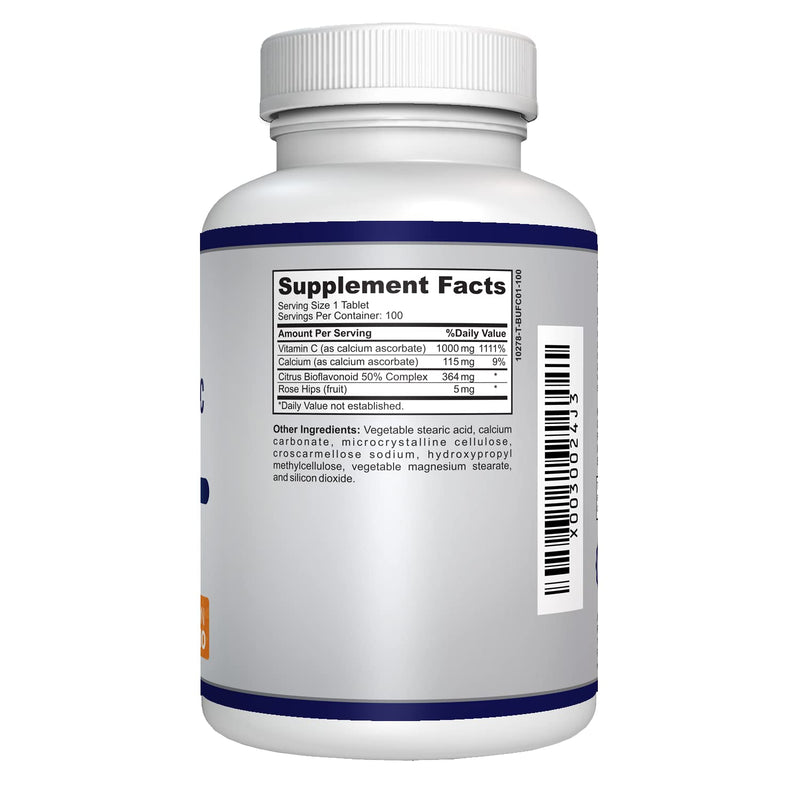Buffered Vitamin C 1000mg for Support of Immune Health, 100 buffered Non-GMO Tablets, 100-day Supply