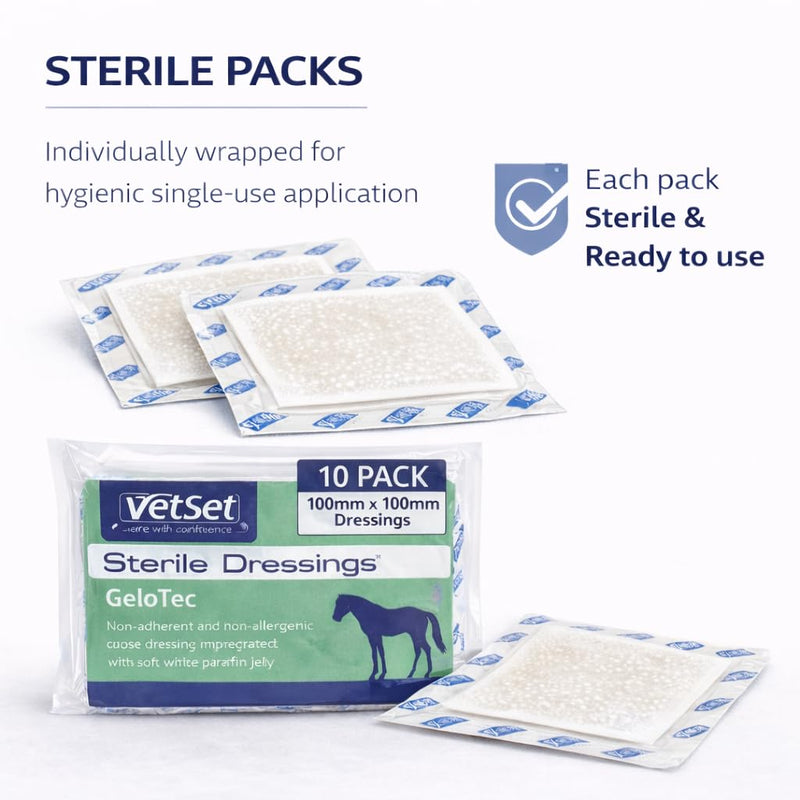 GeloTec | Paraffin Gauze Dressing for Horses, Dogs, Cats & Animals | Sterile Non Adherent Contact Layer for Burns & Wounds | 100mm x 100mm (10 Pack) 10 Pack (100mm x 100mm)