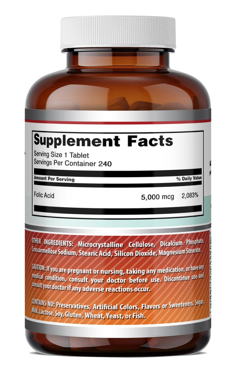 Amazing Formulas Folic Acid 5000 Mcg per Serving | Tablets Supplement | Non-GMO | Gluten-Free | Made in USA (1 Pack | 240 Count) 1 Pack | 240 Count