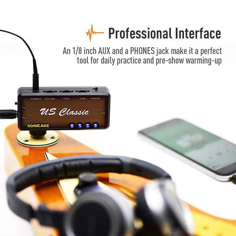 SONICAKE Mini Guitar Headphone Amp with Overdrive Reverb - US Classic US Classic Reverb Effect