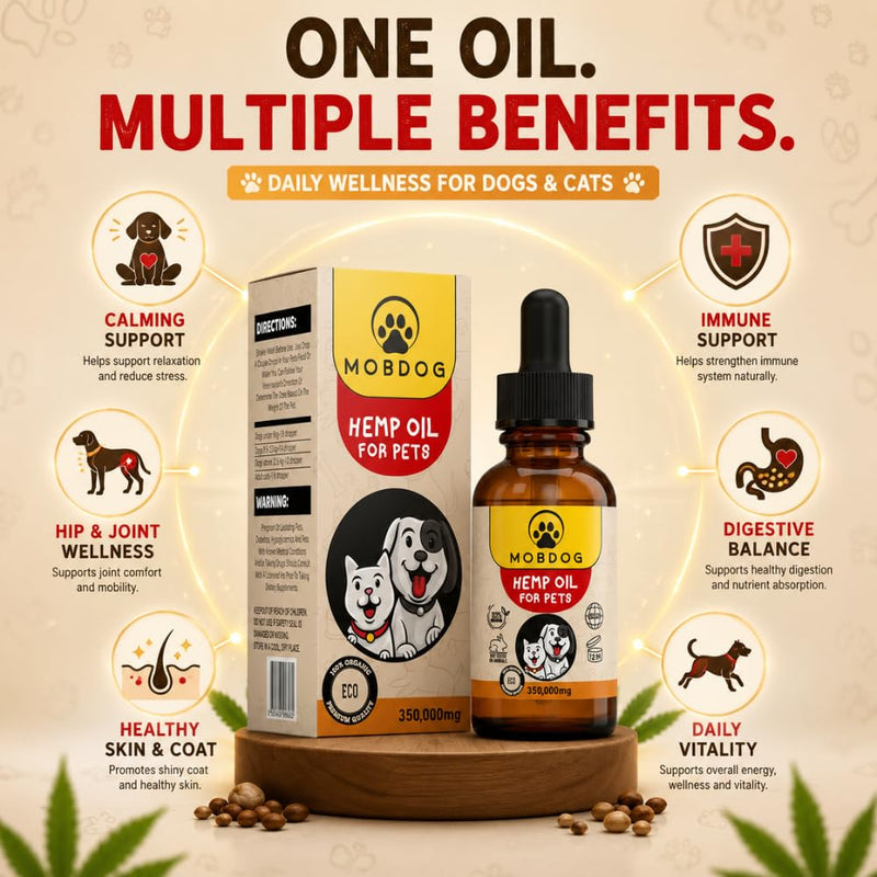 MOBDOG Hemp Oil for Dogs UK 350,000mg- Dog Calming Product with Omega 3, 6, 9 – Pure Bliss in Every Drop -Promoting comfort, Joint Health, & Digestion
