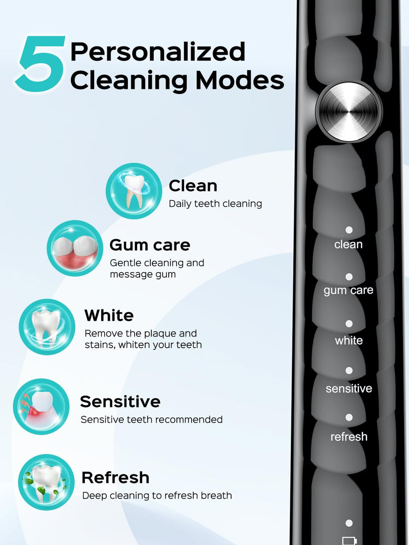 COSLUS Sonic Electric Toothbrush for Adults: 47000 VPM for Deep Cleaning & Whitening with Travel Case - 5 Modes for Sensitive Teeth & Braces, Wireless Charging, 6 Brush Heads for Home Family, Black 1 Count (Pack of 1)
