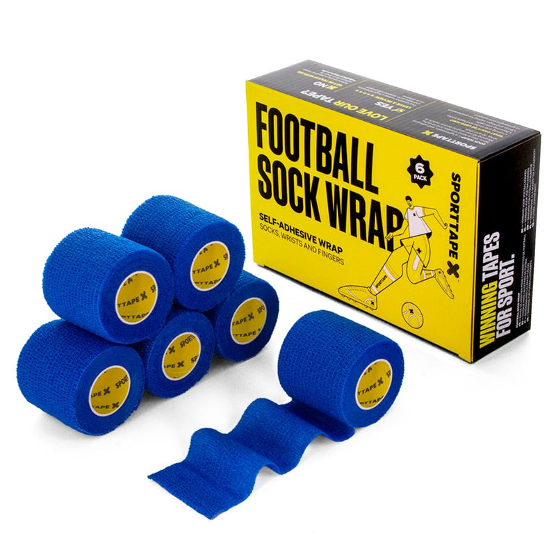6 Rolls SPORTTAPE Self-Adhesive Football Sock Tape - 5 cm x 4.5 m - Blue - Cohesive Bandage Sock Tape Sock Tape - Foot and Wrist Bandage Athletes - Pet Vet Wrap Fixing Bandage for Horses Dogs 5 x 450 cm (6 Rolls)