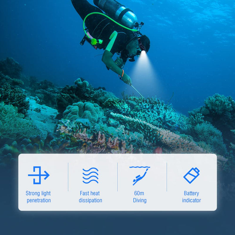 Super Bright Diving Headlamp, 5 Modes Professional Dive Headlight, Underwater 60M Head Torch for Swimming,Snorkeling, Caving,IPX8 Waterproof Dive Light with Battery and Charger