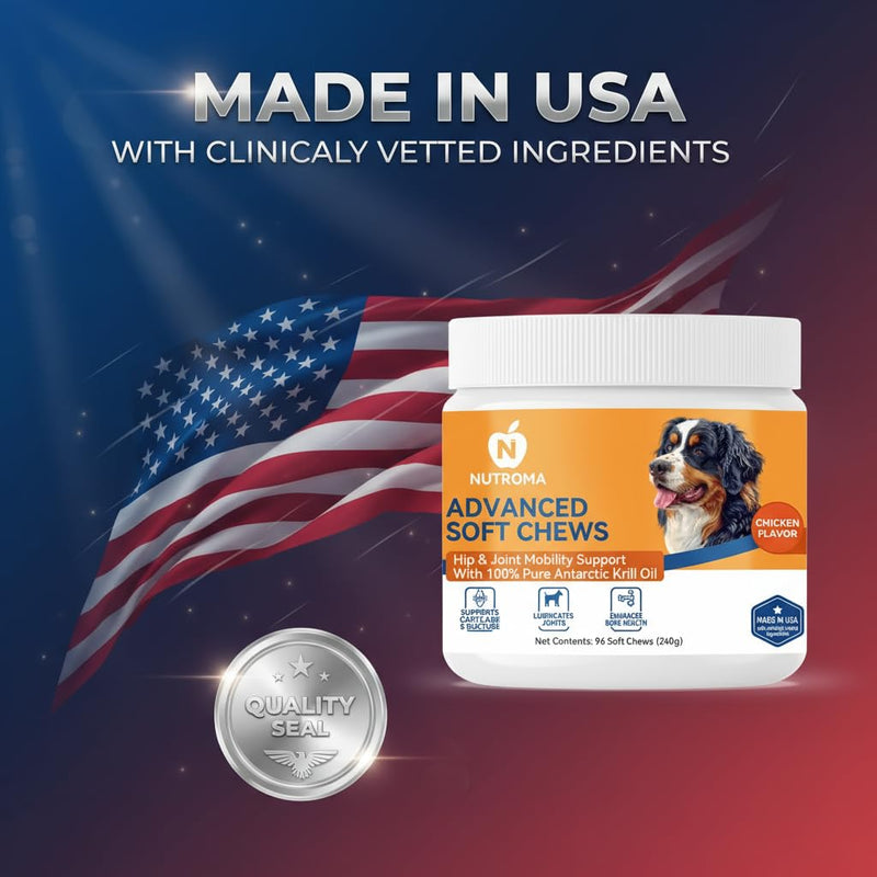 Advanced Soft Chews for Dogs – Hip & Joint Mobility Support with Antarctic Krill Oil, Eggshell Membrane & Hyaluronic Acid – 96 Chews (Chicken) Chicken