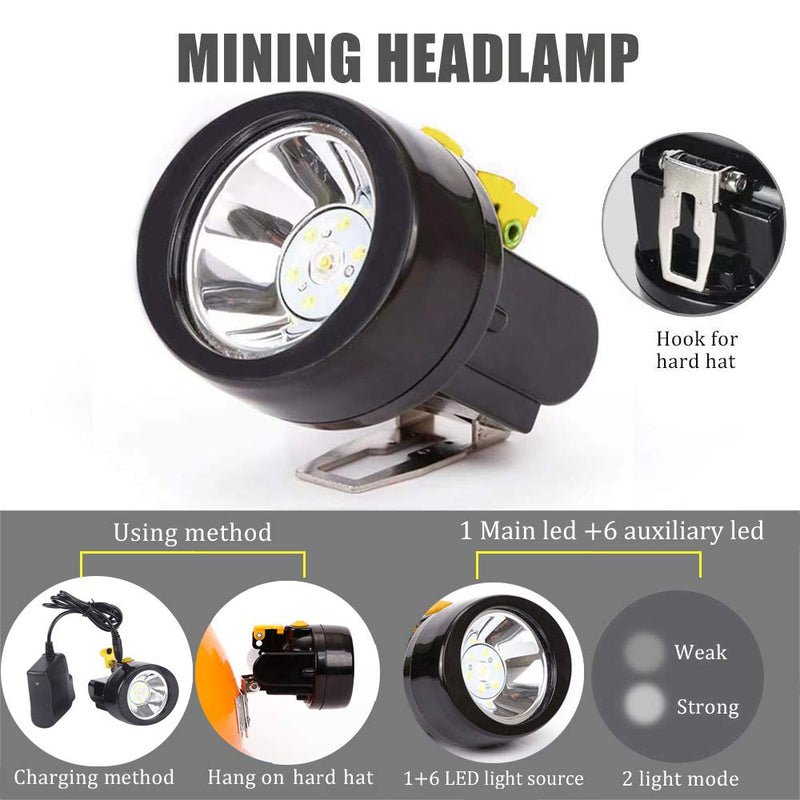 Rechargeable Cap Mining Lamp 1+6 LED Light Source Coal Miner Light for Hard hat Waterproof Miner Lamp Explosion Proof Headlight for Outdoor Professional Works (Yellow) Yellow Light - BeesActive Australia