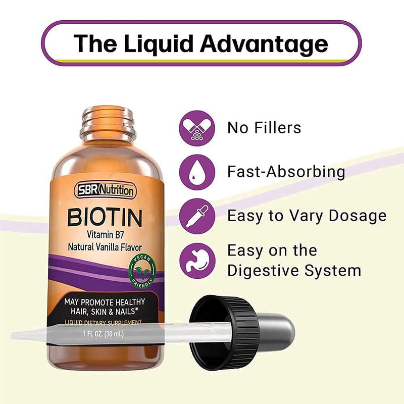 SBR Nutrition Biotin Liquid Drops, 5000mcg per Serving (60) 1.0Fl.oz (30ml) Vanilla Natural Vanilla - 5,000 mcg