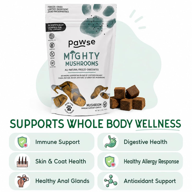 Pawse Mighty Mushroom Chews Supplement for Dogs & Cats | Blend of Turkey Tail, Reishi, Chaga, Maitake & Shiitake | for Immune System, Lumps & Bumps, Gut Health & Skin Support | 60 Chews