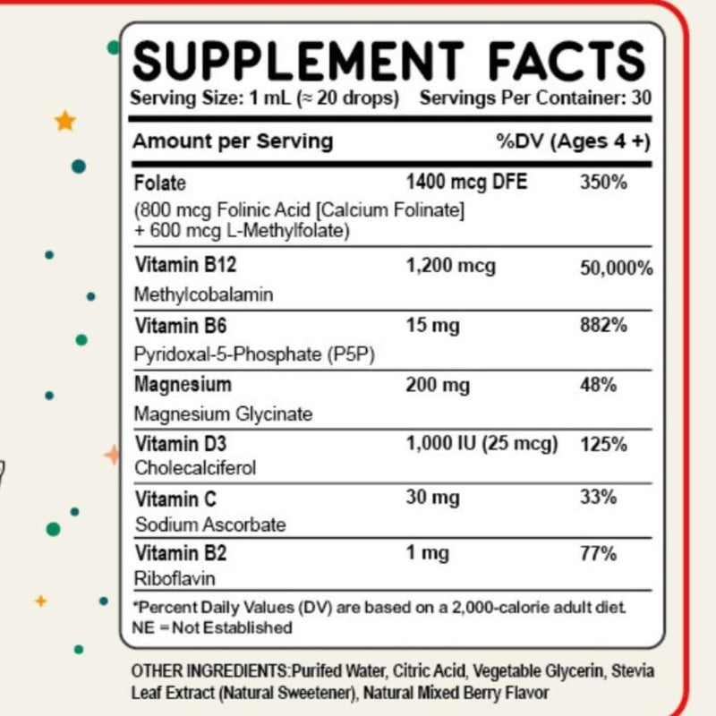 Folinic Acid Drops Kids 800 mcg + L-Methylfolate + B12 +P5P B6 Gentle Methylation Great Taste, Magnesium Glycinate, Vitamin D3 & C Folate Support for Brain,Focus, Mood & Cellular Health 5-MTHF Drops