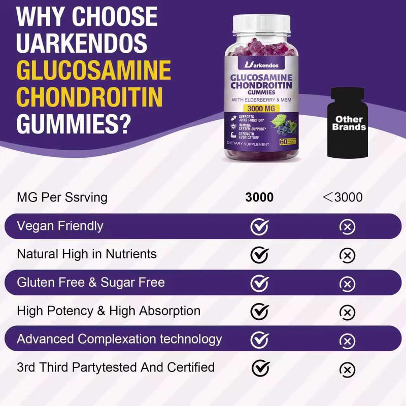 1 Pack 3000MG Glucosamine Chondroitin Gummies with MSM & Elderberry Extra Strength - Joint Support, Antioxidant Immune Support Supplement for Adults, Men & Women - 60 Blueberry Gummies 60 Count (Pack of 1)