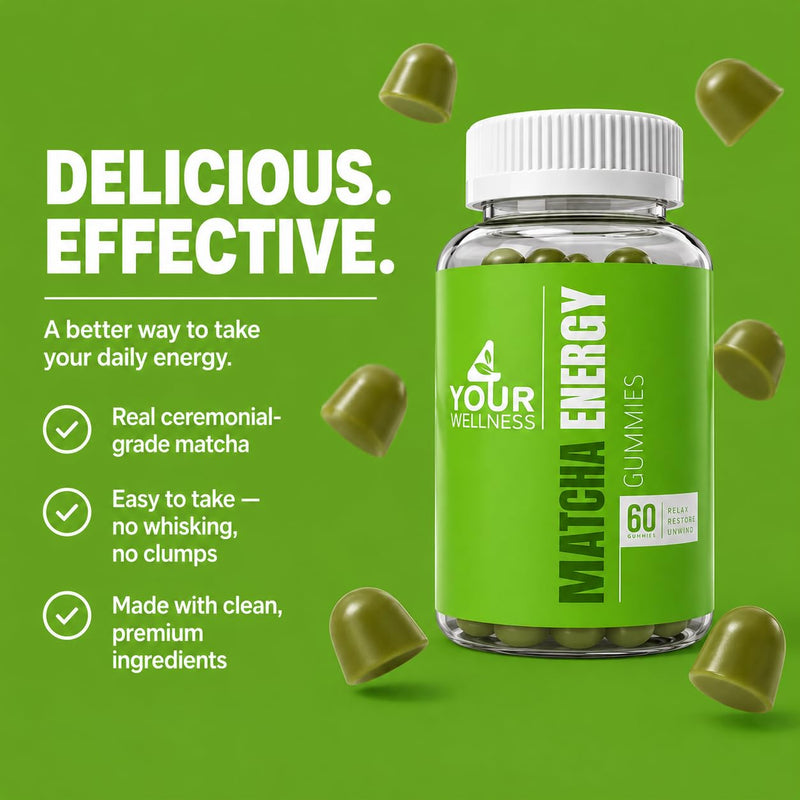 Matcha Green Tea Energy Gummies B12 CoQ10 60 Count | Vitamin B12 and B3, CoQ10, green tea extract, vegan, non GMO, gluten free, Kosher certified, energy and metabolism support Matcha 60 Count (Pack of 1)