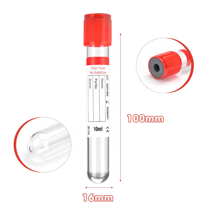 Vacutainer Blood Collection Tubes 10ml Plain Tube Lab Vacuum Collecting Tube for Lab Test Tubes Pet Animals Veterinary 100 Pcs Wrap Packaging 10 mL