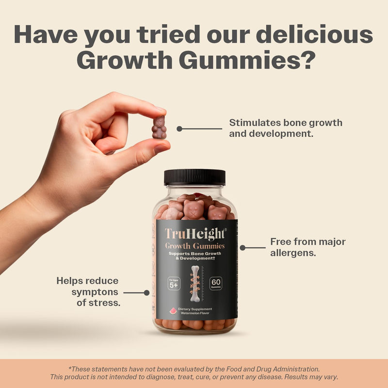 TruHeight Growth Gummies (Watermelon) Tall Nutrition for Natural Growth Supplement for Kids & Teens - Vitamin D, K, Calcium & Ashwagandha, Bone Strength Vitamins D3 K2, Picky Eater, Taller Ages 5+ 60 Count (Pack of 1) Watermelon
