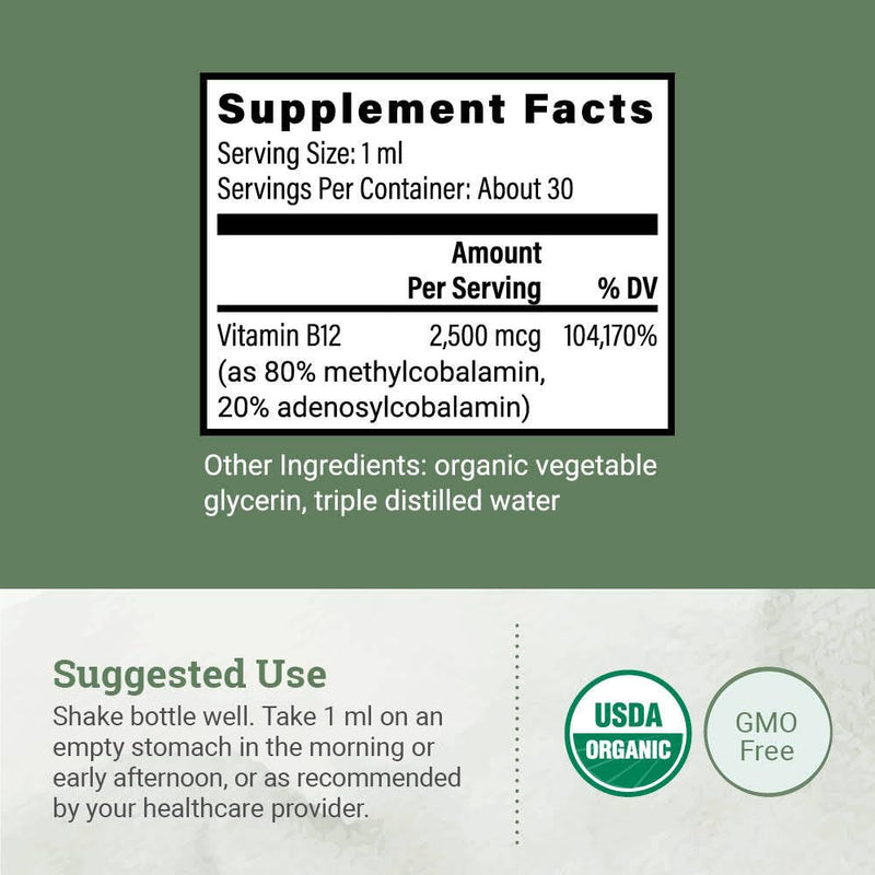 USDA Organic Vitamin B12 2000mcg Sublingual Liquid Supplement (2-Pack) - Vegan Methylcobalamin Drops for Natural Energy, Maintain Metabolism, and Immune System Support - 1 Fl Oz 1 Fl Oz (Pack of 2)