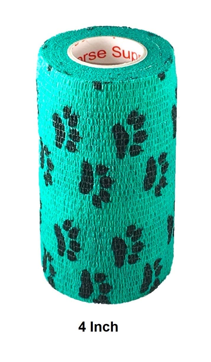 Vet Wrap Wrap Tape (Teal with Paw Prints) (2 Pack) (2 Inch x 15 feet) Self Adhesive Adherent Adhering Cohesive Flex Self Stick Bandage Grip Roll Dog Cat Pet Horse 2 Inch 2 PACK Teal With Black Paws - BeesActive Australia
