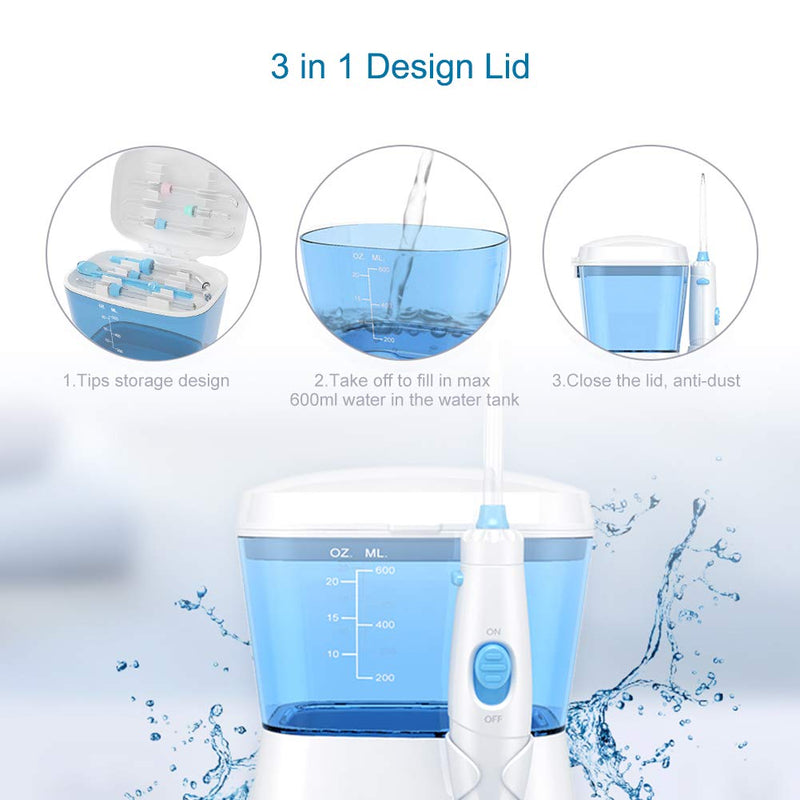 TUREWELL Water Flossing Oral Irrigator, 600ML Dental Cleaner 10 Adjustable Pressure, Electric Oral Flosser for Teeth/Braces, 8 Replacement Jet Tips for Family (White) White - BeesActive Australia