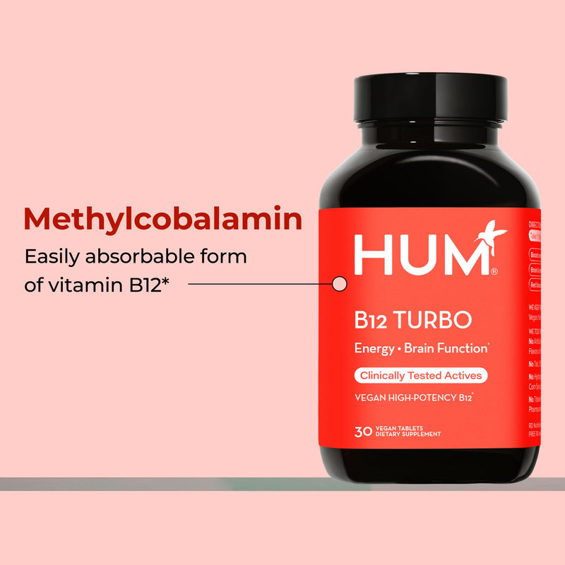 HUM B12 Turbo High Potency Vitamin B12 Daily Energy Support, 30 Count | Vitamin B12 & Calcium, 30 High Potency Tablets, Vegan, Gluten Free, Non-GMO 30 Count (Pack of 1)