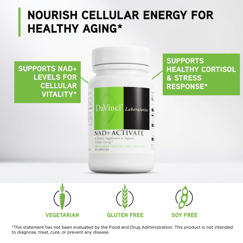 DAVINCI Labs NAD+ Activate - NAD Supplement with Vitamin C & Niacin - Helps Support Brain Health, Cellular Energy & More* - Vegetarian, Gluten-Free & Soy-Free - 30 Capsules