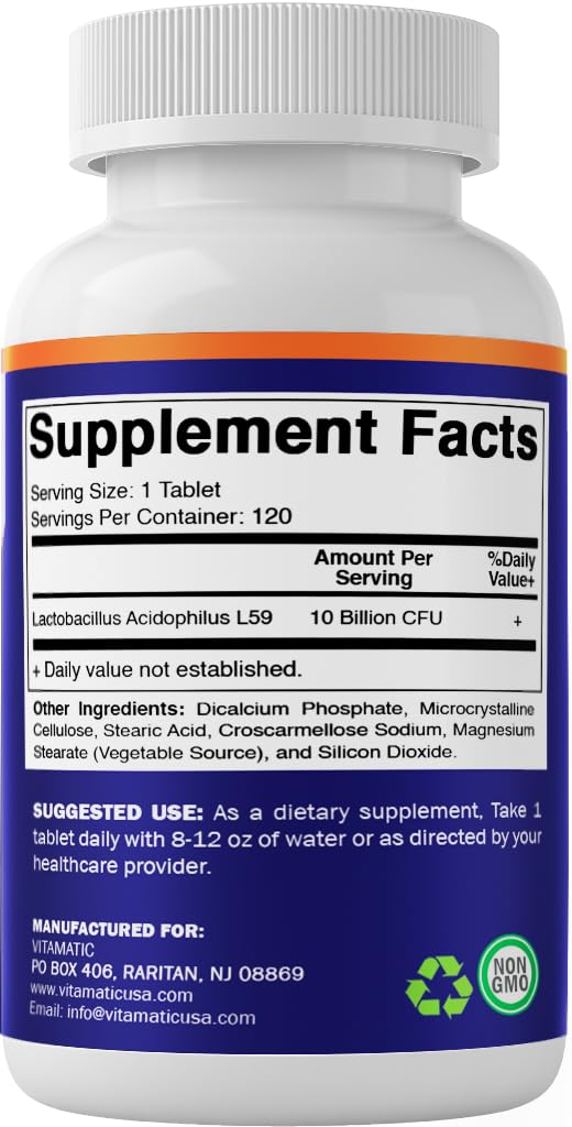 Vitamatic Acidophilus Probiotic - 10 Billion CFU - 5X Potency - Daily Probiotic Supplement, Supports Digestive Health - 120 Tablets 120 Count (Pack of 1)