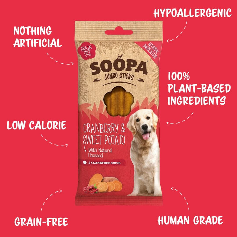 Soopa Cranberry & Sweet Potato Jumbo Dog Dental Sticks, Vegan, Human-Grade Dog Chews to Clean Teeth, Freshen Breath, Natural, Superfood, Healthy Grain Free Treats for Large Dogs, 170g, 1-Pack 1 g (Pack of 1)