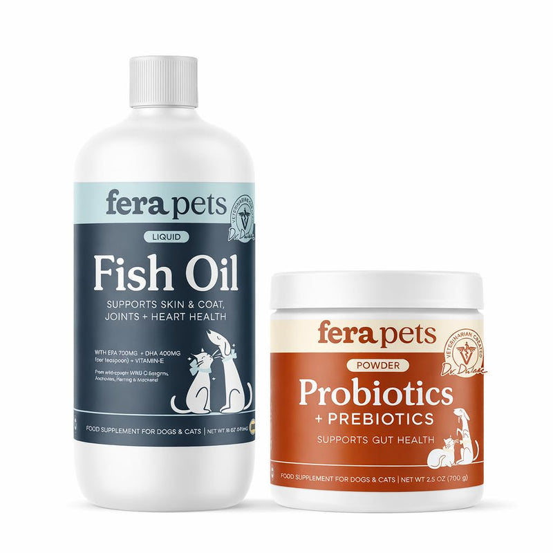 Fera Pets Healthy Gut + Shiny Coat Bundle – Probiotics Powder (60 Scoops) & Fish Oil (8 oz) for Dogs & Cats