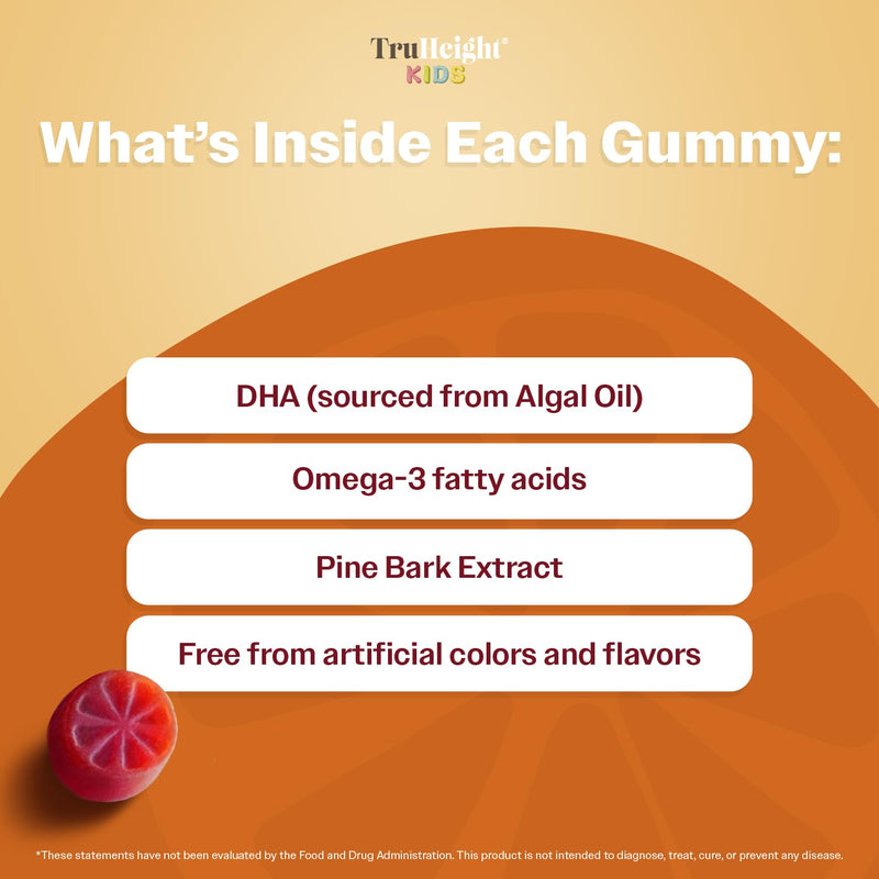 TruHeight Kids Brain Growth Gummies (Orange, Ages 2+) All Natural Kids & Teens Vitamins - Omega 3 Gummies Supports Brain Growth, Mental Clarity, Focus, Eye Health, Memory Supplements, DHA Multivitamin 60 Count (Pack of 3)