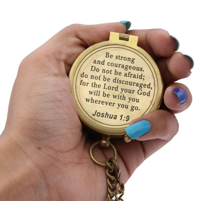 Compass – Brass Directional Vintage Compass Engraved with “Be Strong and Courageous” Joshua 1:9 Bible Verse, Baptism 2026 Communion Christian Inspirational Gifts for Women/Men Be Strong- Leather Case