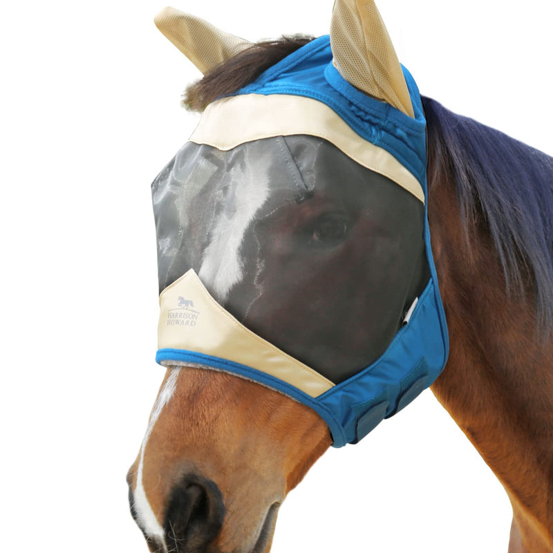 Harrison Howard Luxe Dual-Tone Horse Fly Mask Half Face with Ears Fully Visible UV-Blocking Fine Mesh Soft Fleece Edging for Extra Comfort Champagne Gold/Teal M Cob Cob (Medium) - BeesActive Australia