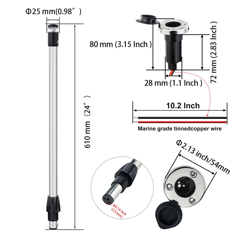 Marine LED Navigation Light, 360-Degree All Round Stern Anchor Light, Removable Pole with Base for Boats,Anti Oxidation Anode Aluminum Tube，(Plug In Base, 24 Inchs) EA02127-24MF(Plug In Base)