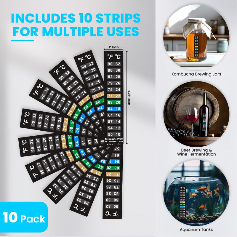 Stick On Thermometer Strip for Fish Tank, Aquarium Thermometer, Kombucha, Beer & Wine Fermentation - Vertical Temperature Strips w/Color-Changing Display, 50–90°F (10–32°C) (10-Pack) 1 - BeesActive Australia