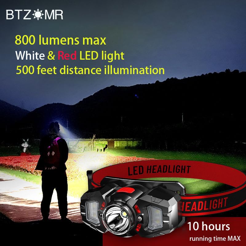 2 Headlamps, White&Red LED Headlamp, 70° Up&Down Adjustable, 4 Clips, Motion Switch, 800 Lumens, 500 Feet Distance and 10 Hours Running Time MAX, IPX5 Waterproof, for Camping, Hiking, Fishing 2 PCS