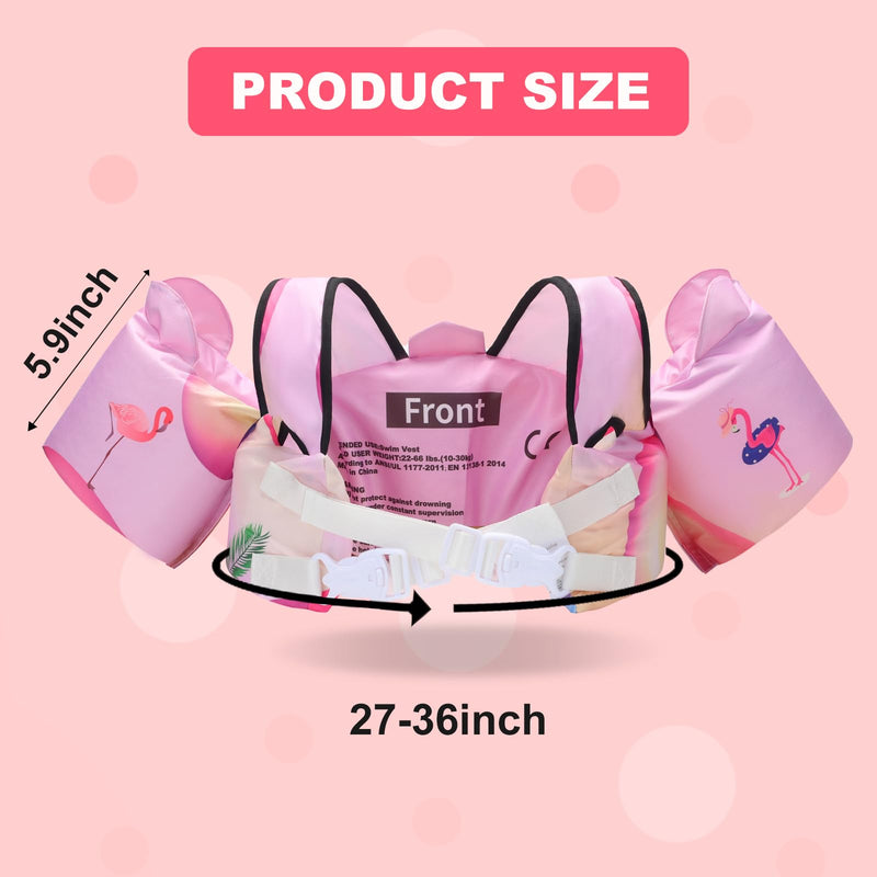 Toddler Swim Vest with Swimming Arm Floaties for 2-6 Years Old (22-66 lbs) Boys-Girls Kids Pool Floats Water Wings & Swim Jacket Niños Swimmies for Beach Boats Pink-Flamingo