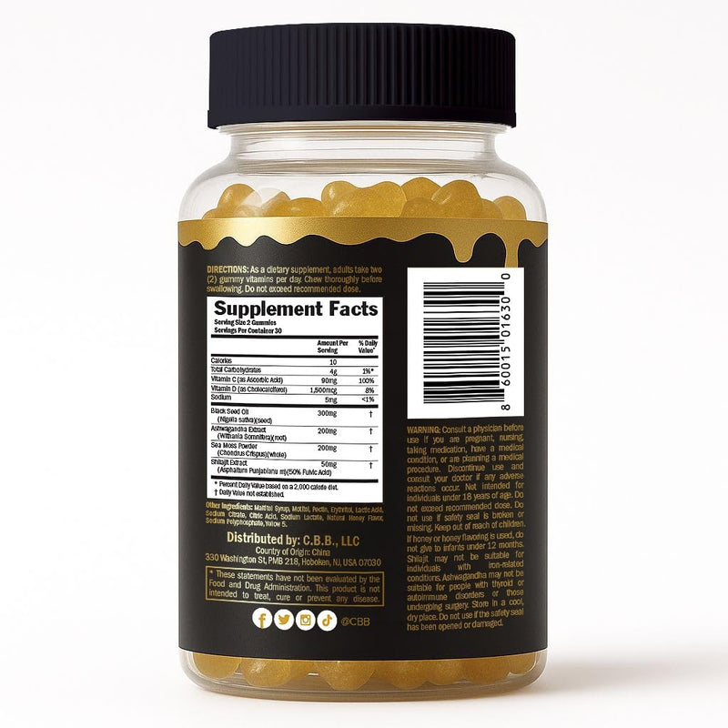 Blackseed Bears – Black Seed Oil, Shilajit, Sea Moss & Ashwagandha Gummies – Honey Flavored – 60 Count
