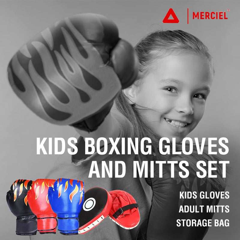 MERCIEL Boxing Gloves and Mitts Set Lightweight Kids Boxing Gloves & Adult Punching Mitts, Includes Storage Bag, One Size Fits Most Black