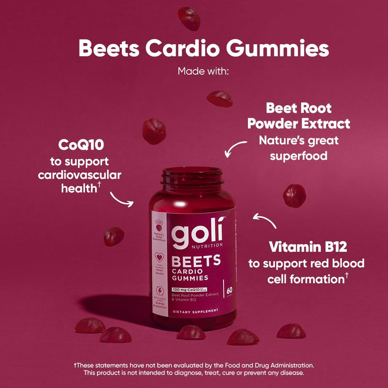 Goli Nutritional Supplement, Beets Cardio Gummy - 60 Count - 100mg CoQ10 & Beet Root Extract - Gluten-Free, Vegan, Non-GMO, and Gelatin-Free. Nature's Great Superfood. 60 Count (Pack of 1)