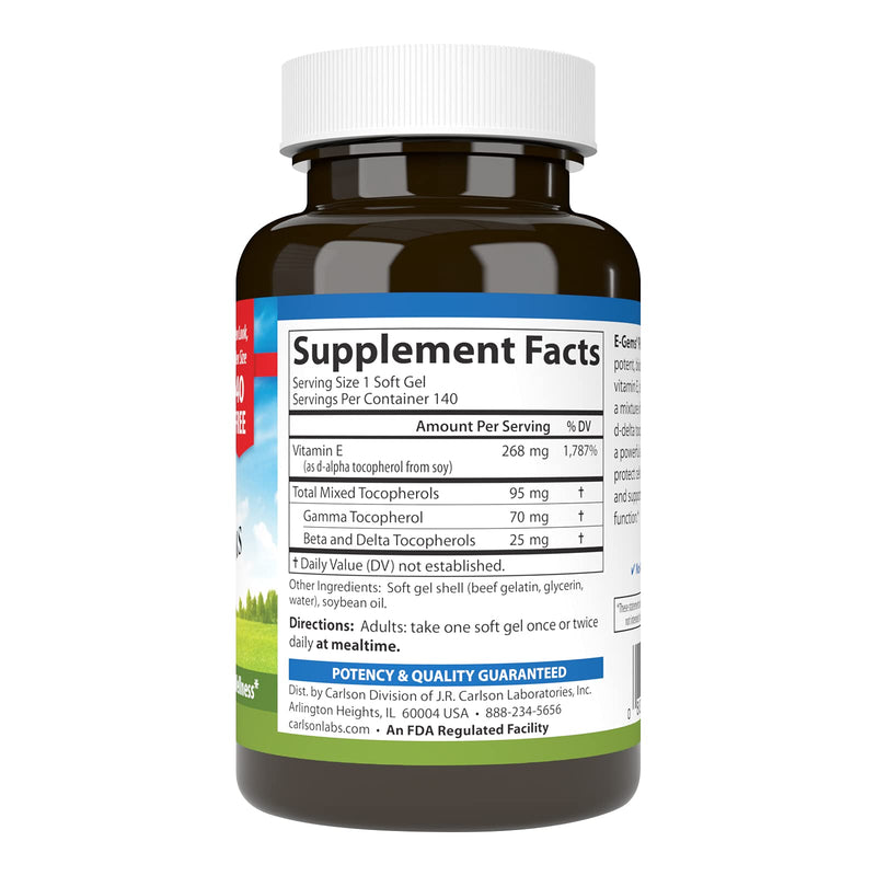 Carlson E-Gems Plus, 400 IU (268 mg), Optimal Wellness, 140 Soft Gels | Natural-Source Vitamin E