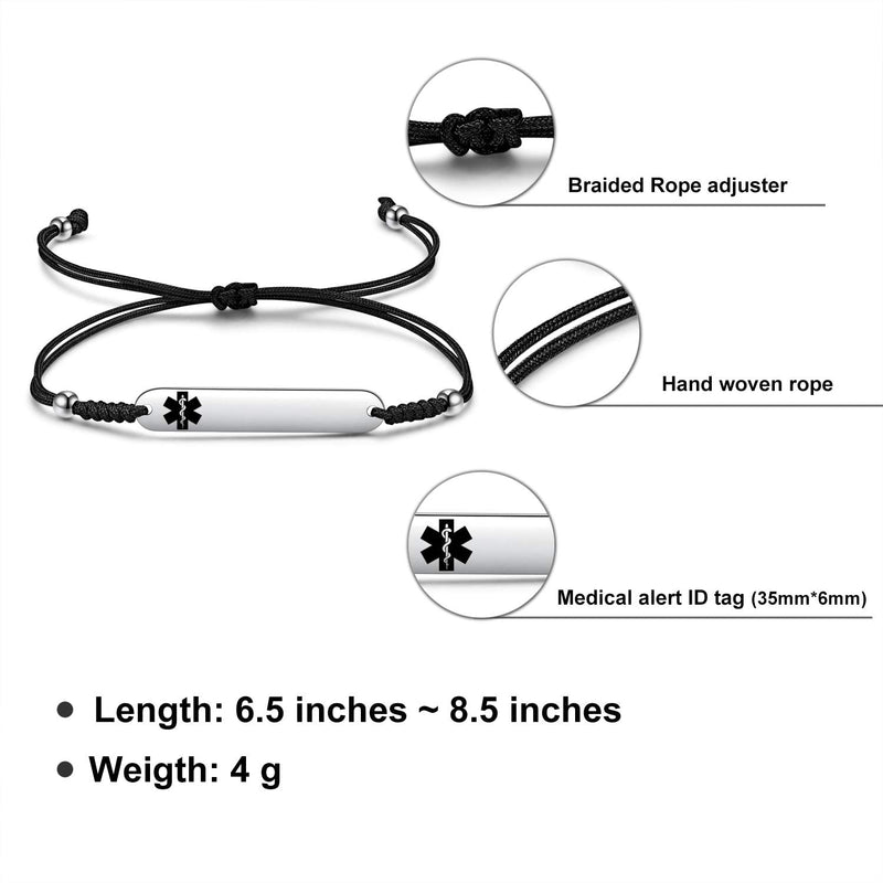 Women's Medical Alert ID Bracelets | Pre Engraved Type 1 Type 2 Diabetes Epilepsy Blood Thinner ID Bracelet | Diabetes Awareness Bracelet blood thinner & braided link - black