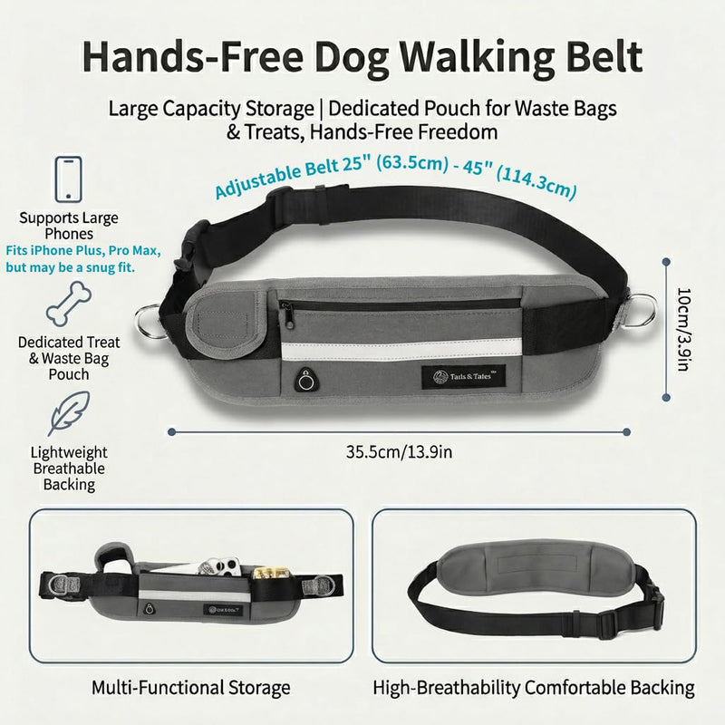 Tails & Tales Hands Free Dog Leash with Lightweight Waist Pouch for Walking Running Hiking, Adjustable Belt 25-45", Dual Padded Handles, Reflective Bungee Design for Small to Large 100lb Dogs (Gray) Gray - BeesActive Australia