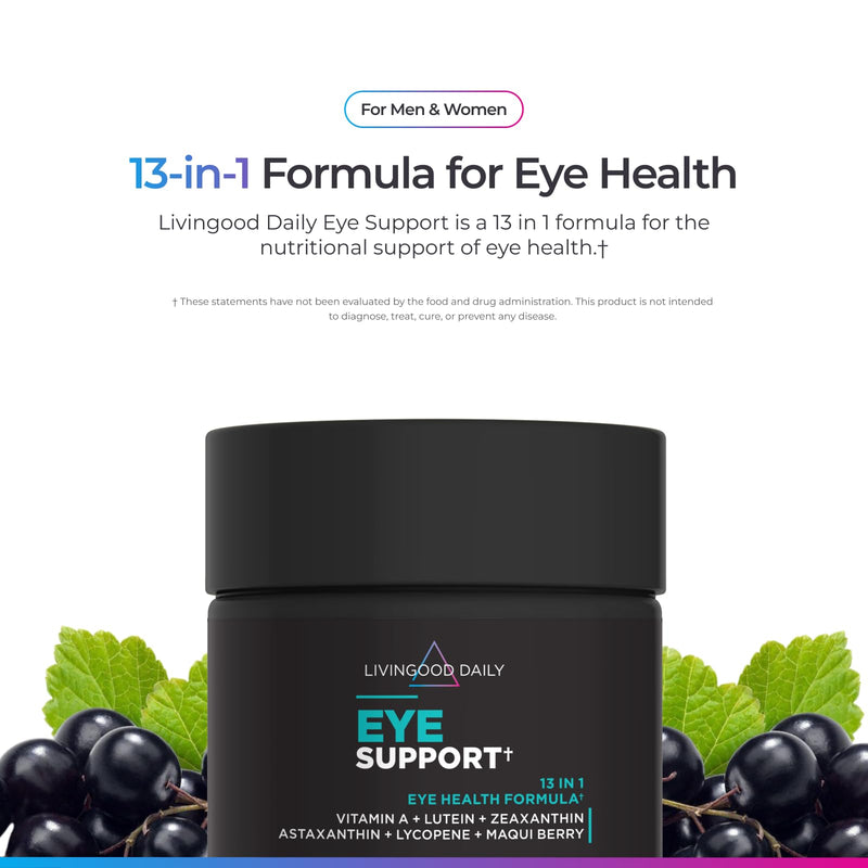 Livingood Daily Eye Support, Lutein and Zeaxanthin Supplements, 60 Capsules | 13-in-1 Formula for Vision Health, Lutein, Zeaxanthin, Astaxanthin, Lycopene, Vitamin A, Maqui Berry, Vegan, Made in USA