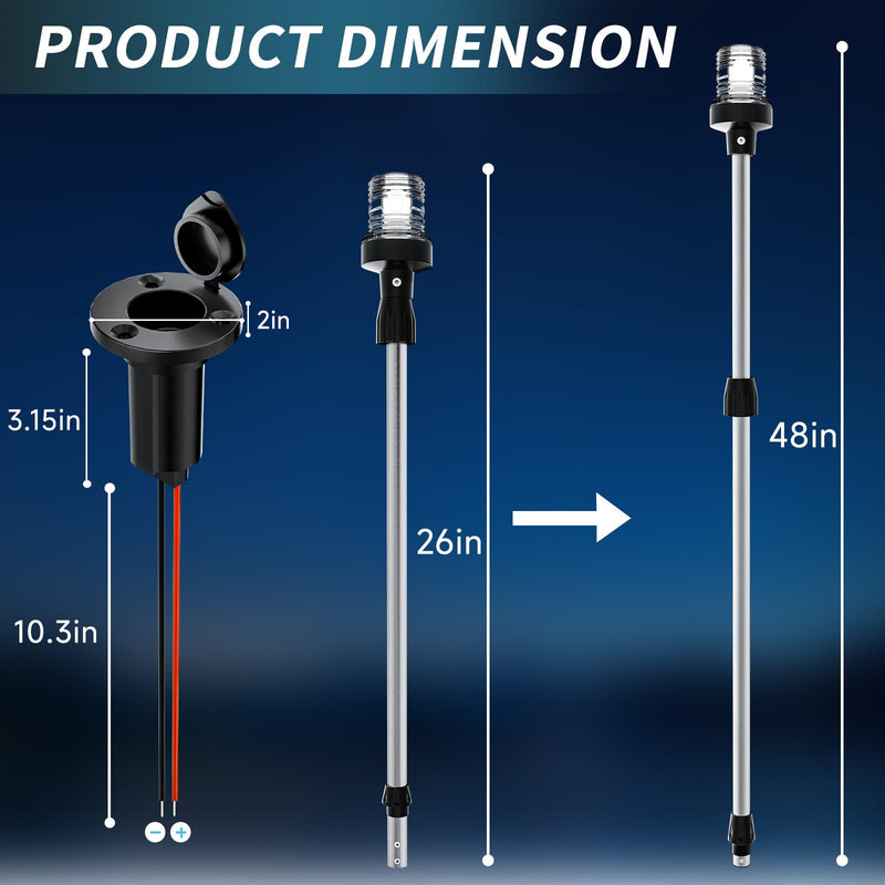 Telescoping Boat Stern Light Marine Anchor Light, 26"-48" Adjustable Rear Boat Lights Pole LED with Base, White Boats Navigation Lights for Bass, Fishing, Jon Boats, Pontoon 12-24V (Sliver) Sliver - BeesActive Australia