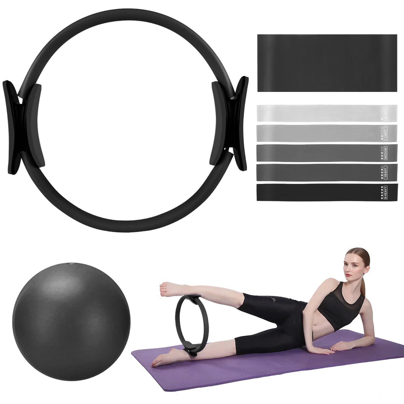TOPZGLEEY Pilates Ring Set – 14" Anti-Deformation Magic Circle with Padded Handles, Mini Ball, 5 Resistance Bands, Guide, Pilates Equipment for Home Workout BLACK