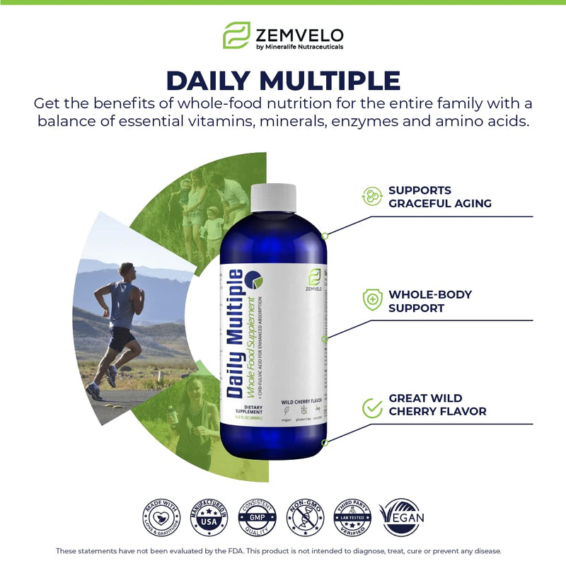 Liquid Daily Multiple Supplement | Whole Food Nutrition - Wild Cherries, Honey, Aloe Vera, Seaweed | Multi-Mineral | for the Whole Family | Cherry Flavor | Made with Wild Cherries, Honey, Aloe Vera & Seaweed, Cherry Flavor, For the Whole Family