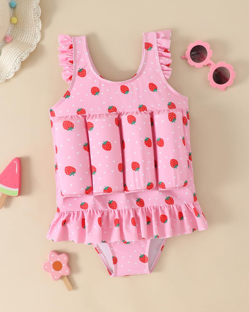 FishingDino Toddler Floatation Swimsuit Girls 1-6T, One Piece Float Suit with Built-in Float, Cute Floating Swim Suit Floatie Pink Strawberry 4-5T