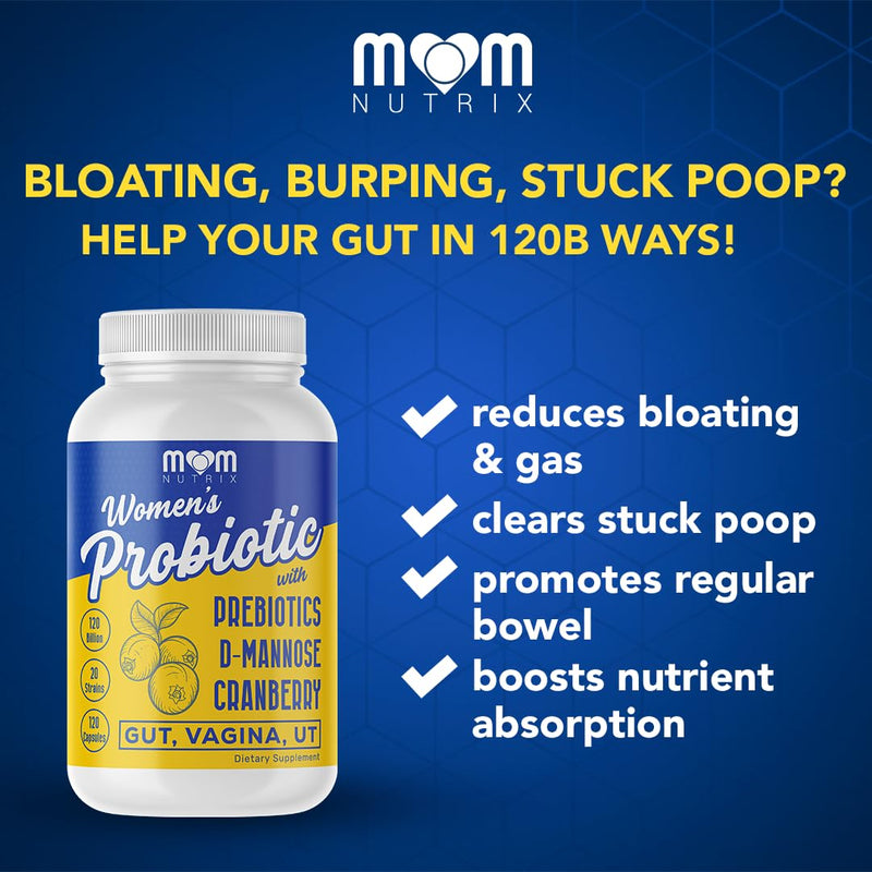MOM NUTRIX Probiotic for Women - Vaginal, Gut, UT, pH Balance, Feminine & Digestive Health - Prebiotics with Probiotics, Cranberry, D-mannose - Bifidobacterium and Lactobacillus - 120 Capsules