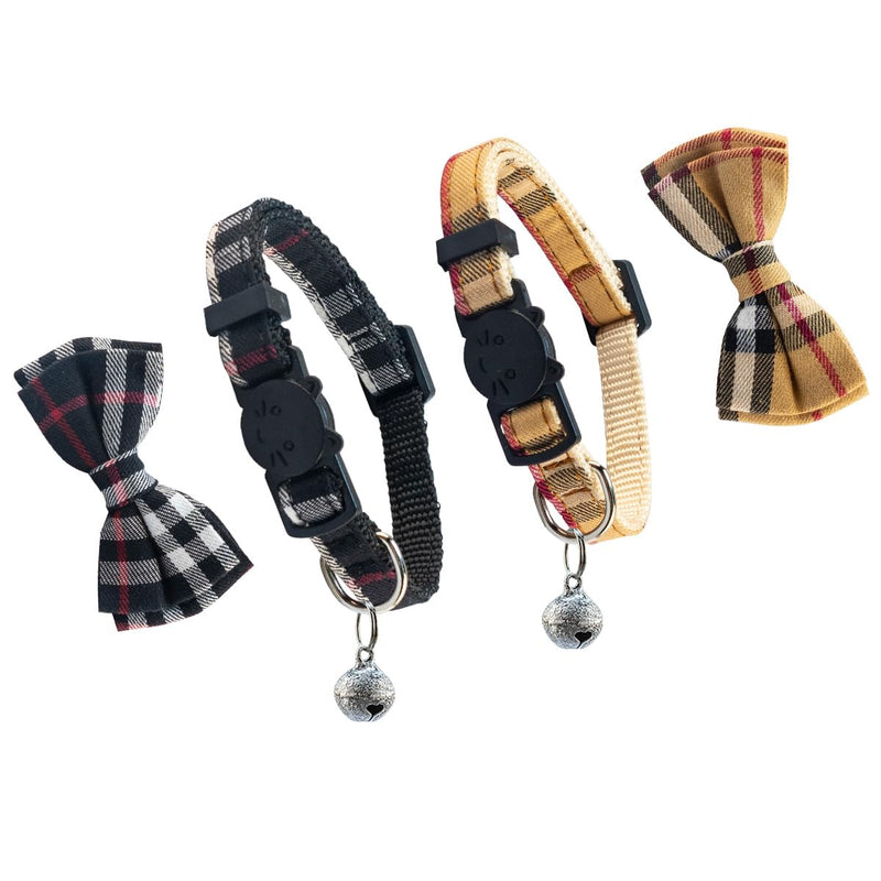 SuperBuddy Cat Collars Breakaway with Cute Bow Bell - 2 Pack Kitten Collar Plaid Cat Collar with Removable Bowtie Cat Collar for Cats Kittens… beige+black - BeesActive Australia